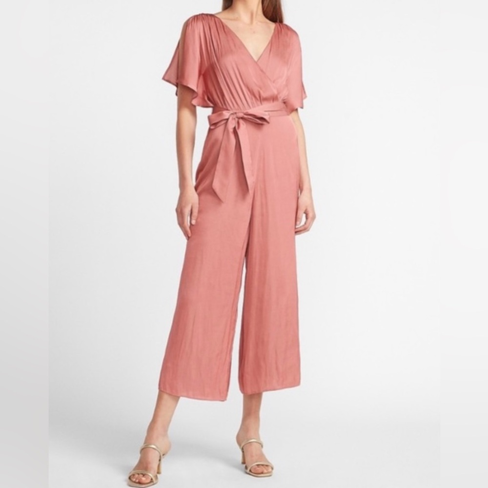 Express Pink Satin Flutter Sleeve Culotte Jumpsuit
